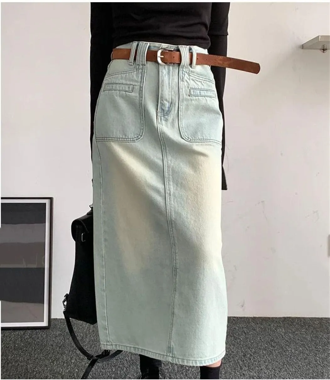 Women's Vintage Washed Denim Skirt High Waist A-Line Korean Style Casual Stretch Jean Skirt Comfortable Mid-Length